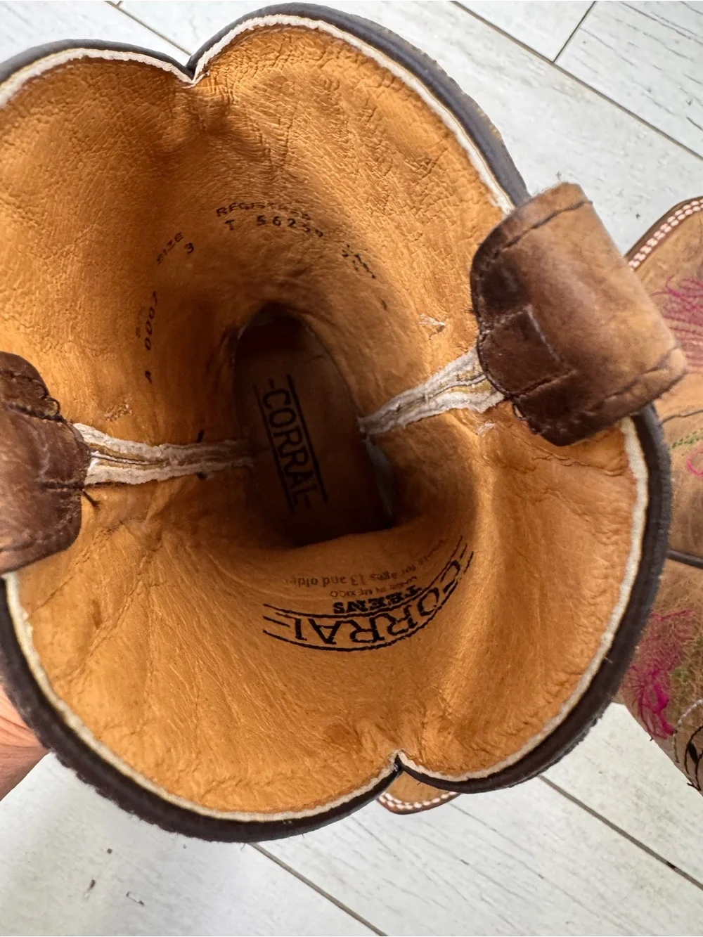 Corral Teens A0007 Western Brown Leather Floral Square Toe Boots Teen Sz 3 T